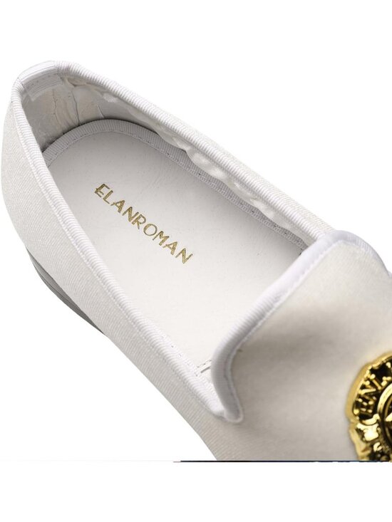ELANROMAN Men\'s White Velvet Loafers Dress Gold Buckle Wedding Party Prom Shoes main image 4